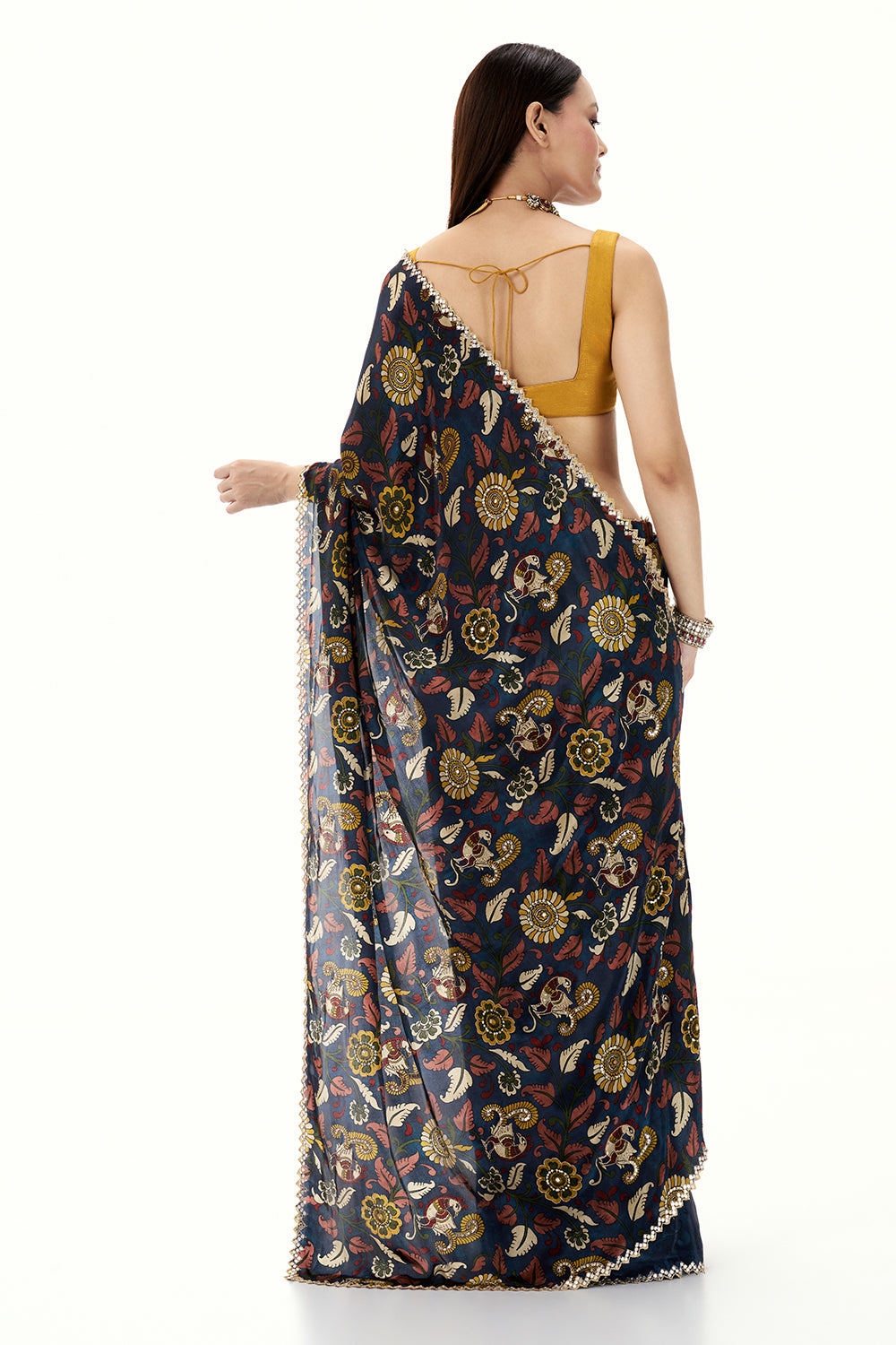 Navy Blue Crepe Half and Half Saree with Floral Motifs and Mirror Work