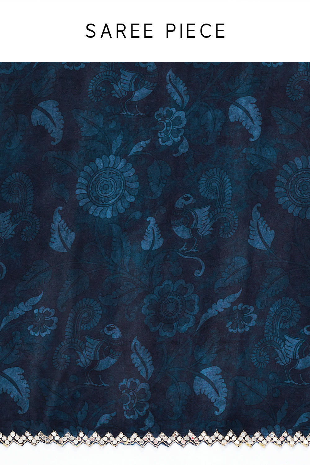 Navy Blue Crepe Half and Half Saree with Floral Motifs and Mirror Work