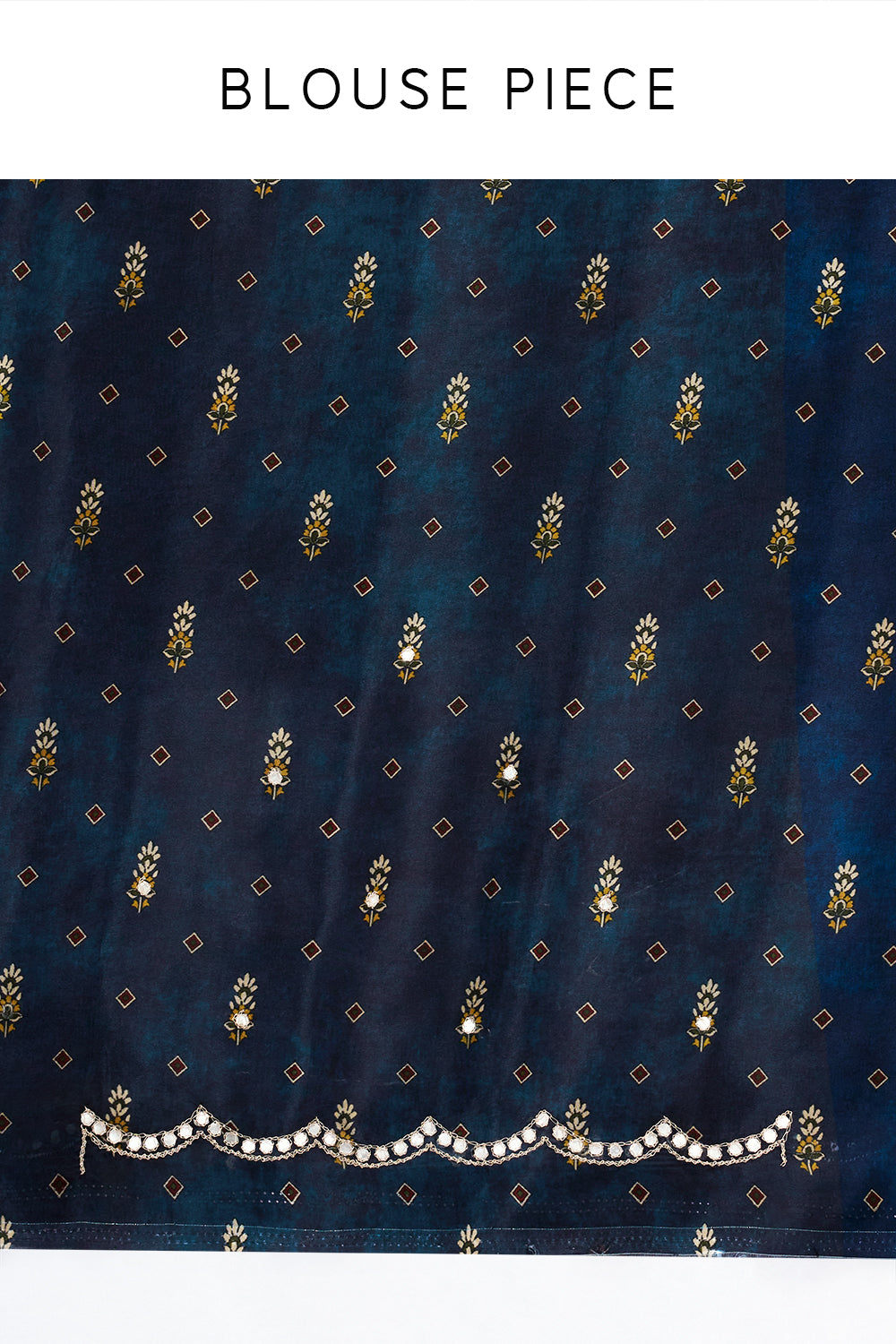 Navy Blue Crepe Half and Half Saree with Floral Motifs and Mirror Work