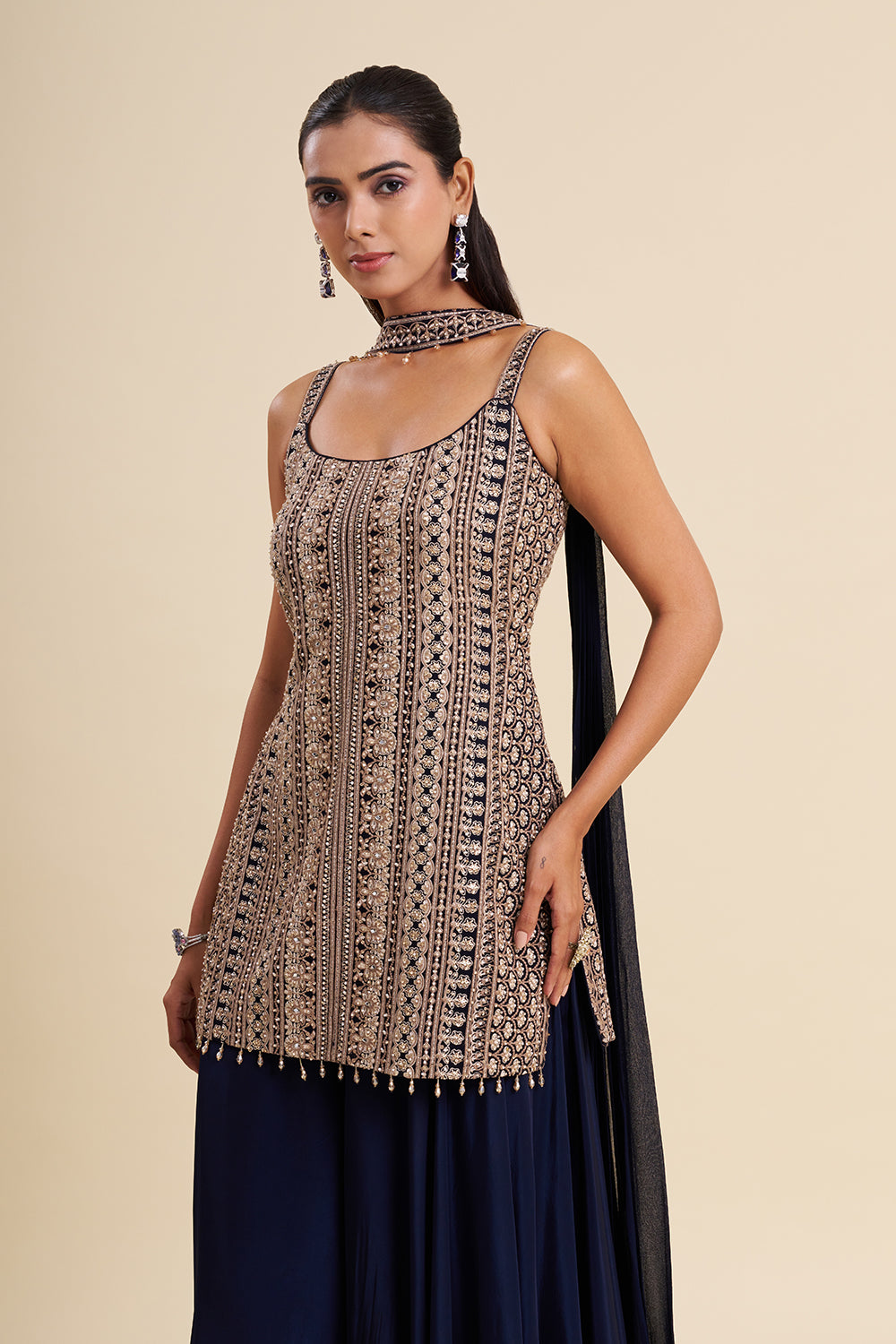 Navy Blue Crepe Kurta Set with Aari Embroidery