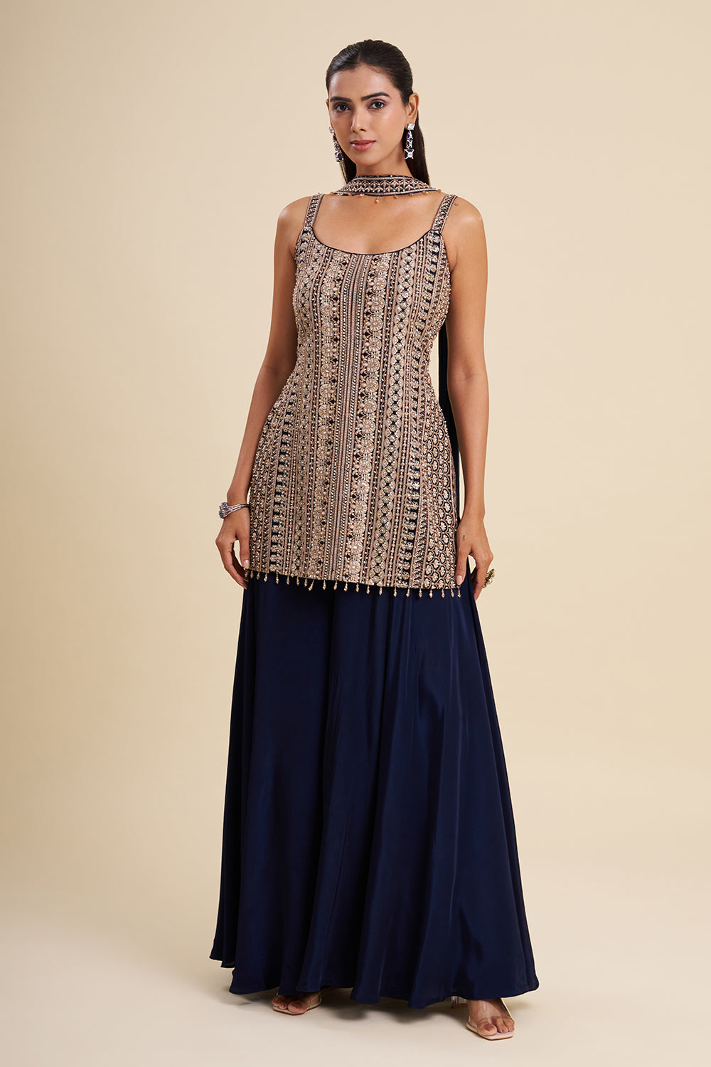 Navy Blue Crepe Kurta Set with Aari Embroidery