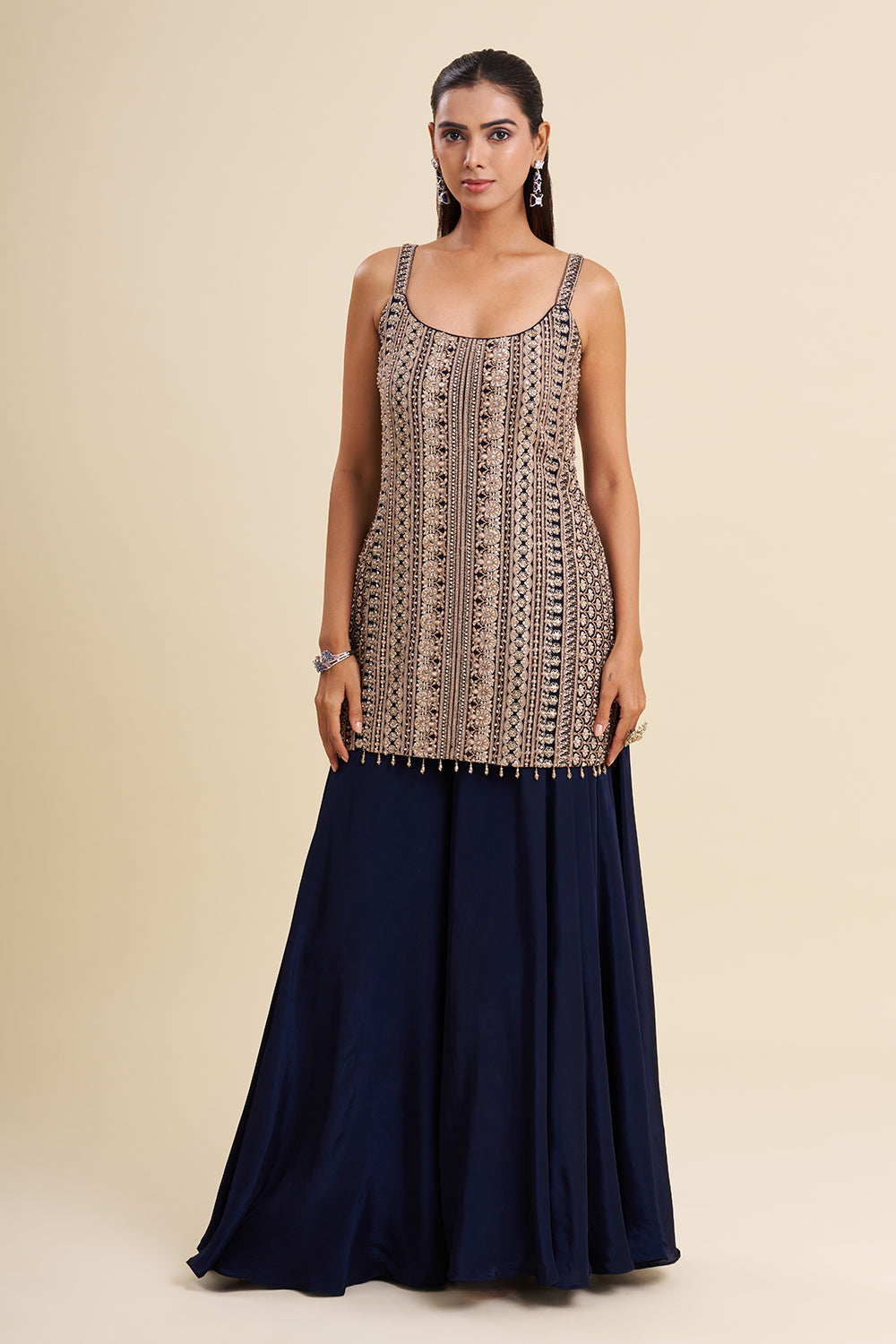 Navy Blue Crepe Kurta Set with Aari Embroidery