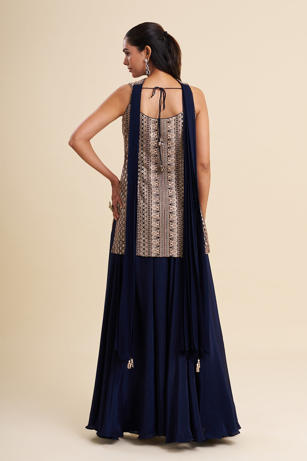 Navy Blue Crepe Kurta Set with Aari Embroidery