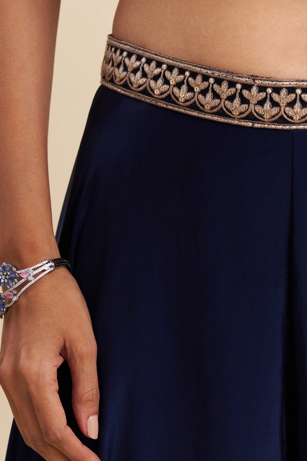Navy Blue Crepe Kurta Set with Aari Embroidery