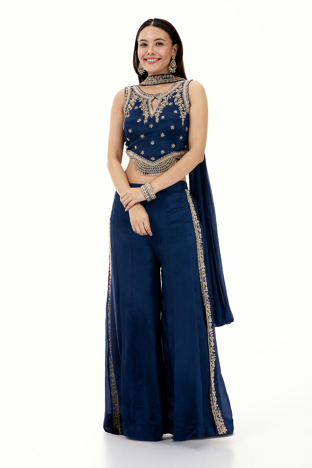 Navy Blue Crepe Palazzo Set with Embroidered Crop Top and Zardosi Work