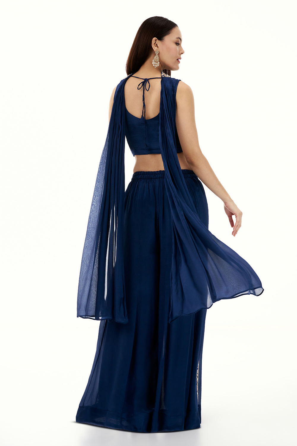 Navy Blue Crepe Palazzo Set with Embroidered Crop Top and Zardosi Work