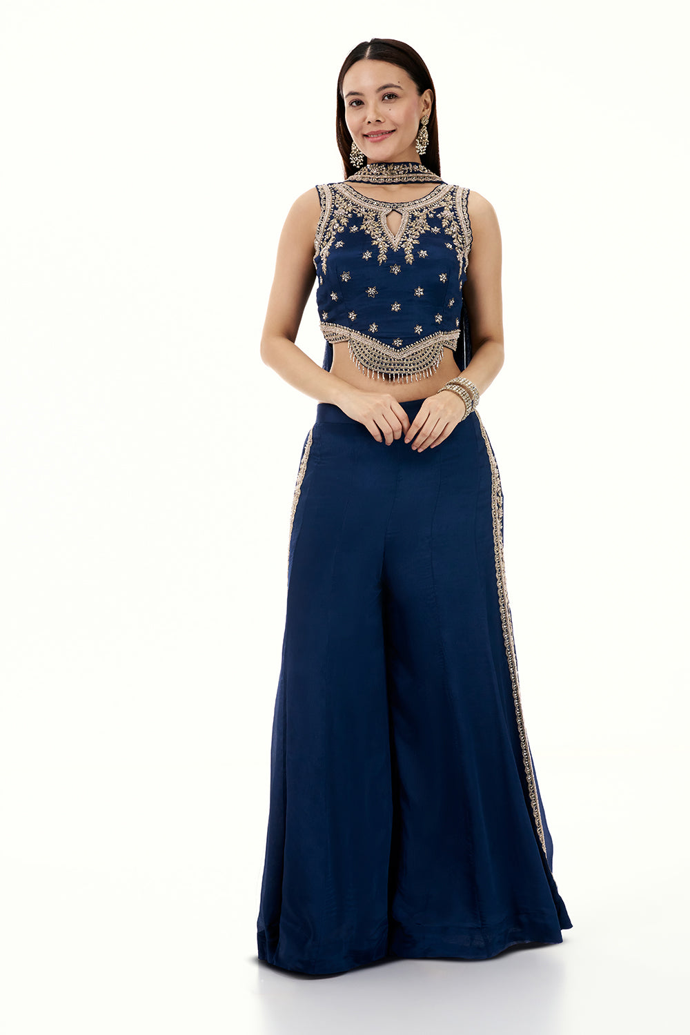 Navy Blue Crepe Palazzo Set with Embroidered Crop Top and Zardosi Work