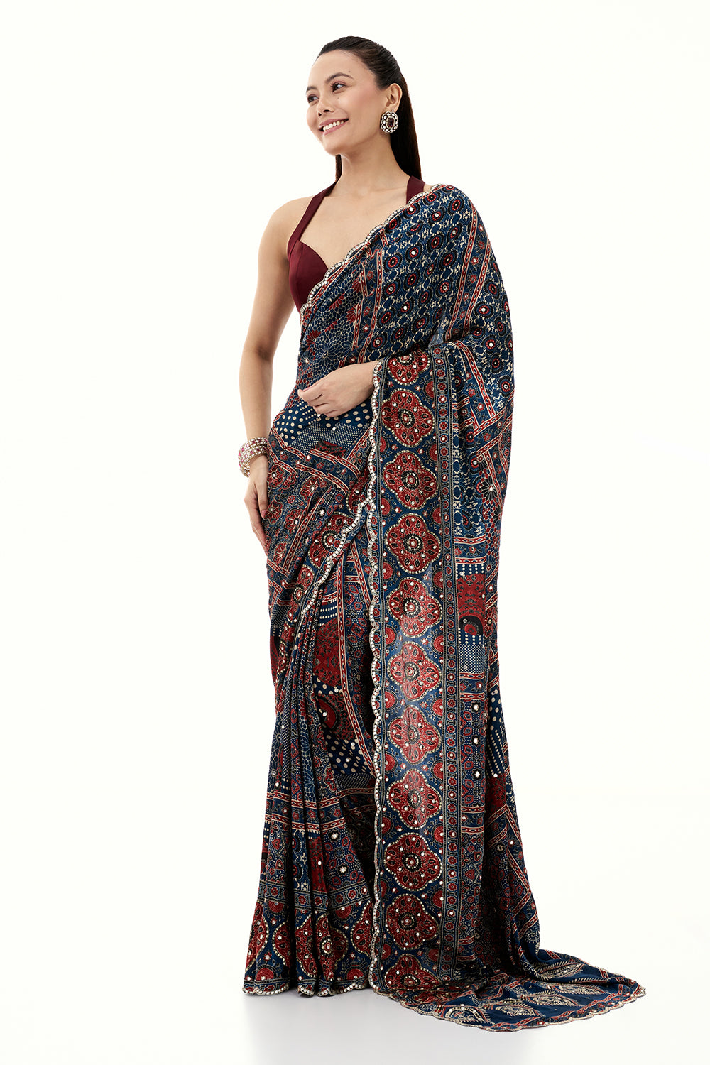 Navy Blue Crepe Printed Saree with Mirror and Sequin Work