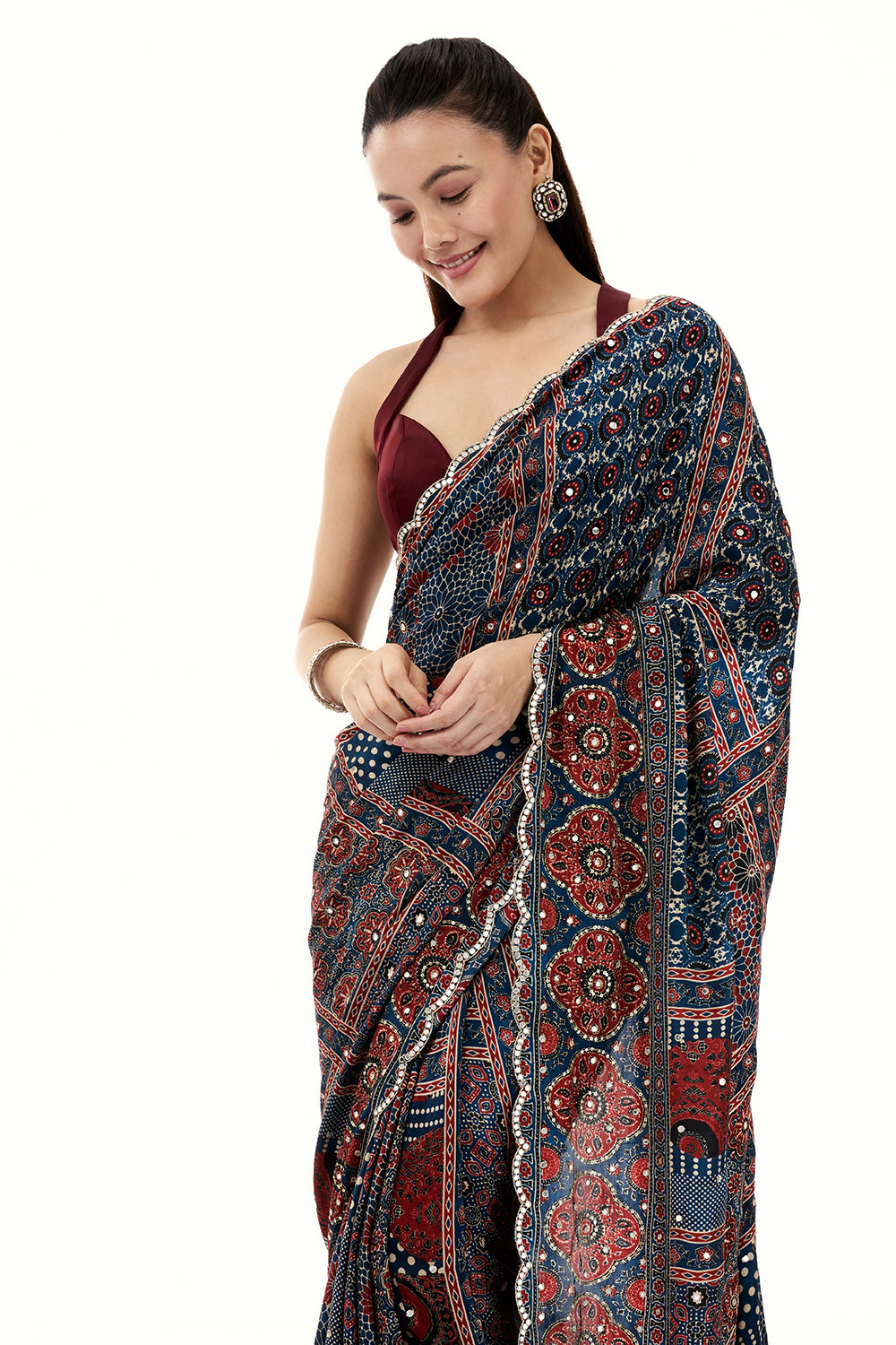 Navy Blue Crepe Printed Saree with Mirror and Sequin Work