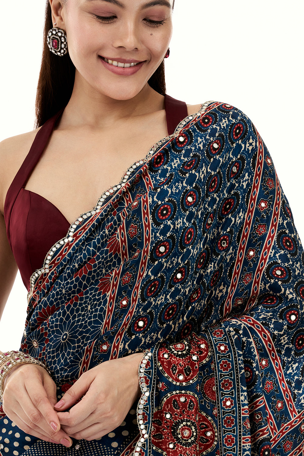 Navy Blue Crepe Printed Saree with Mirror and Sequin Work