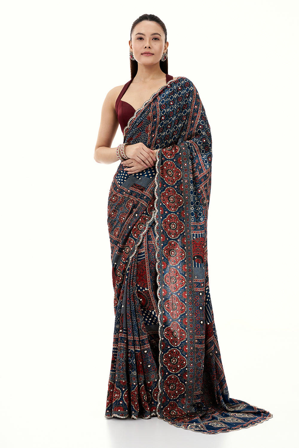 Navy Blue Crepe Printed Saree with Mirror and Sequin Work