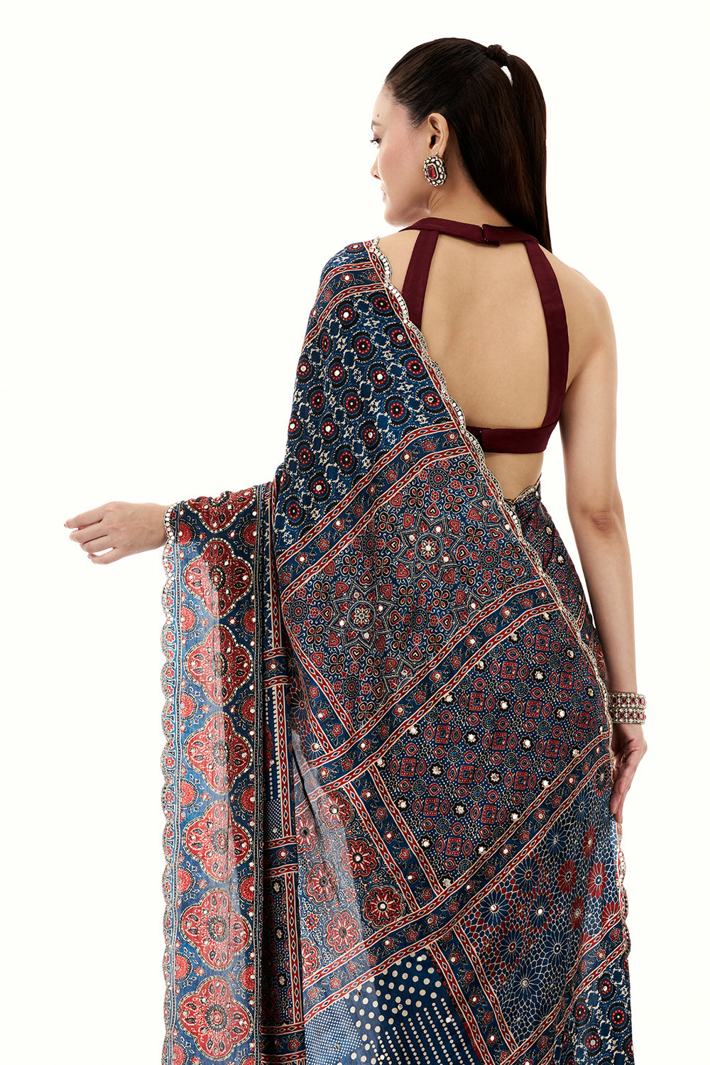 Navy Blue Crepe Printed Saree with Mirror and Sequin Work