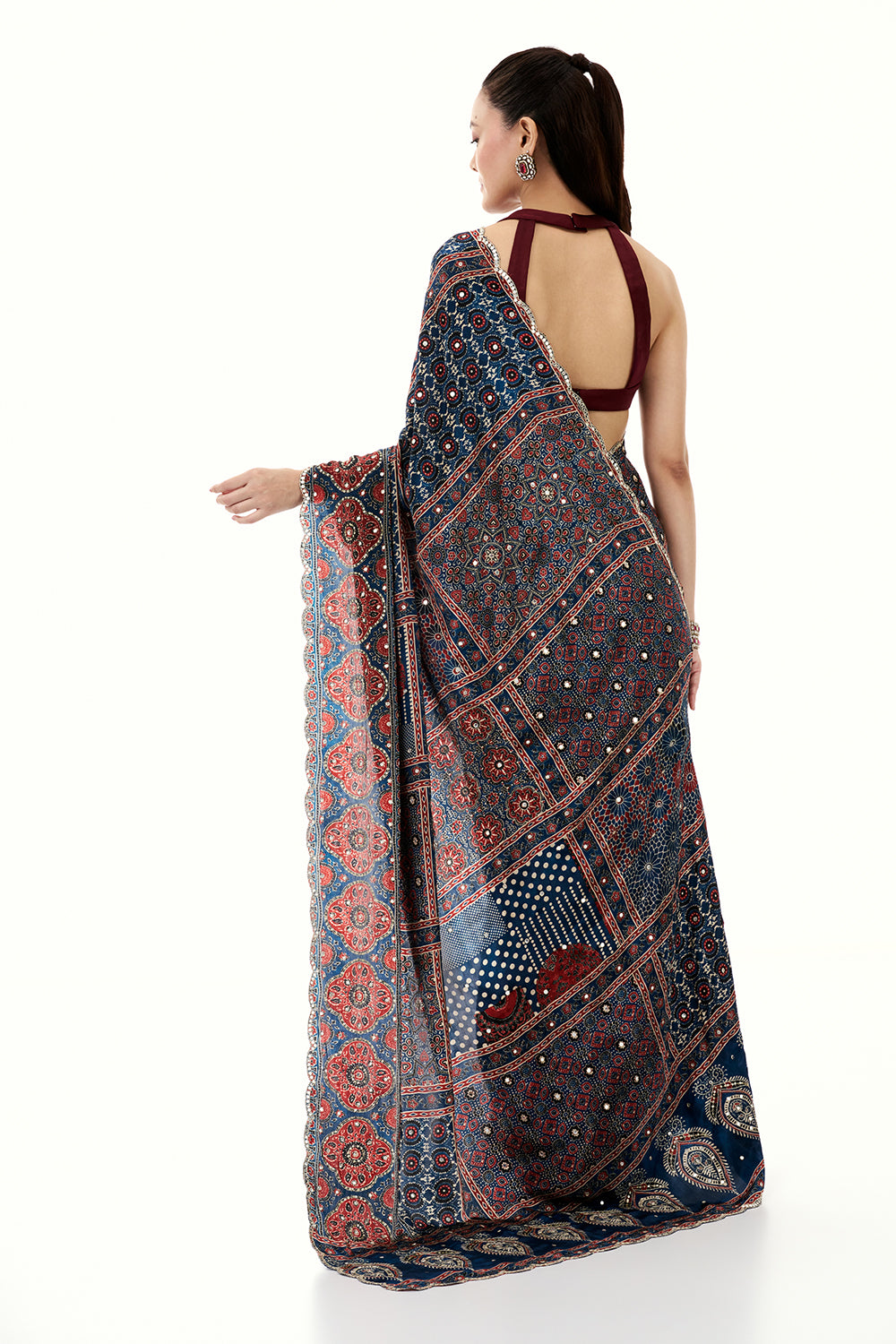 Navy Blue Crepe Printed Saree with Mirror and Sequin Work