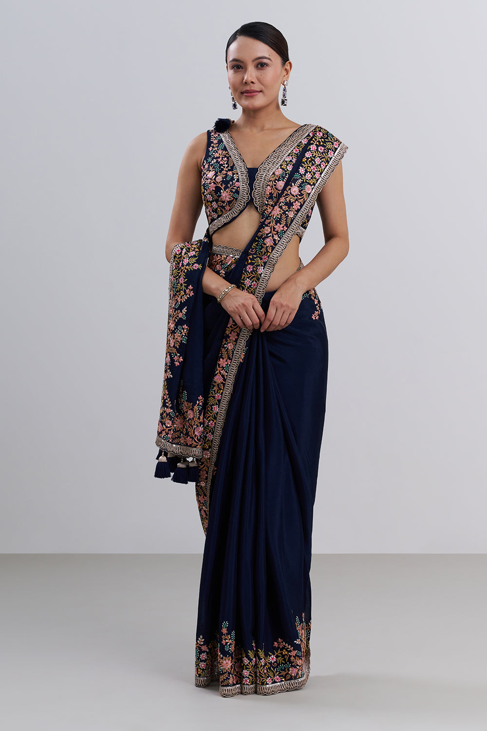 Navy Blue Crepe Saree with Thread Embroidery And Stitched Blouse