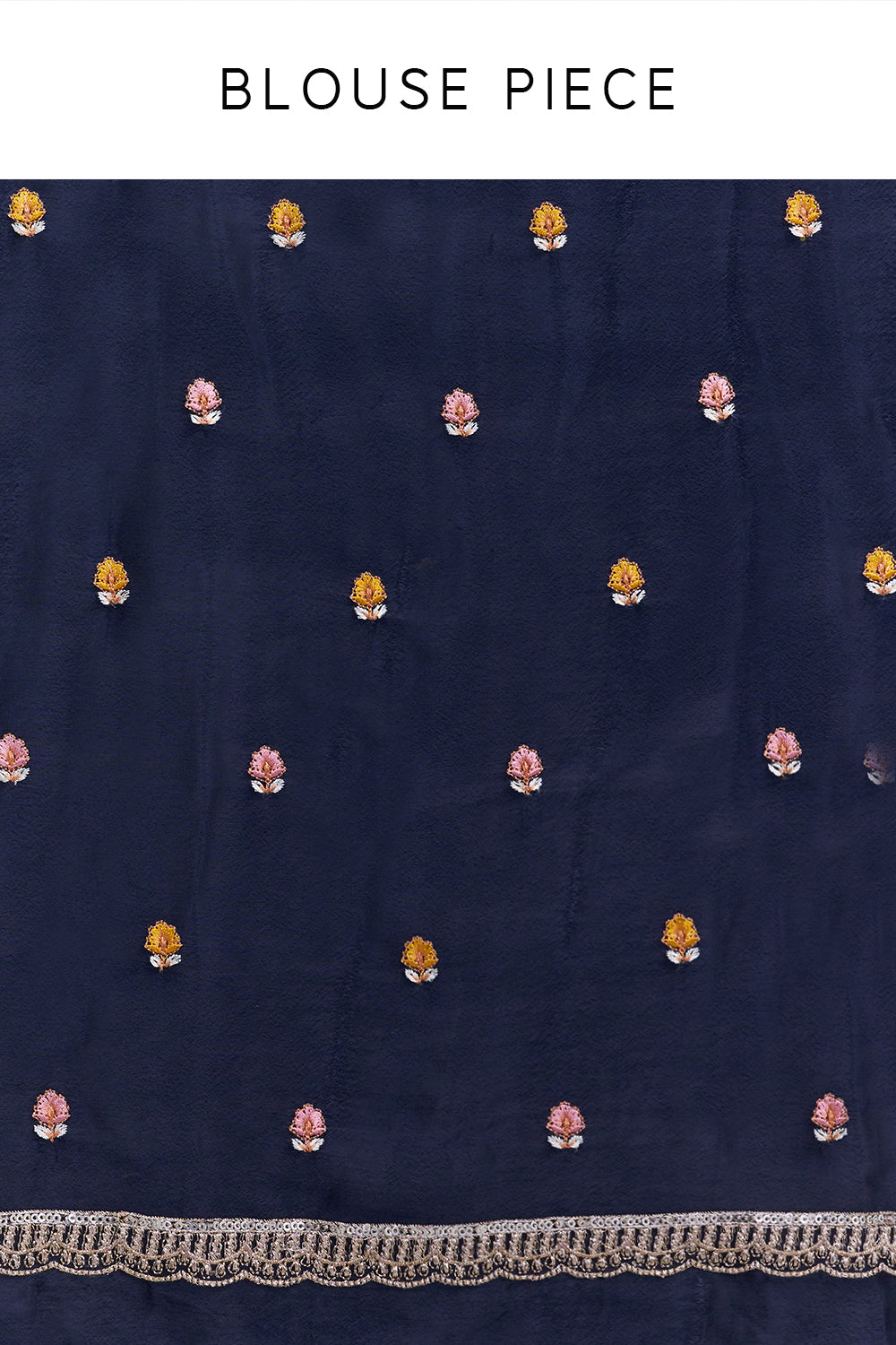 Navy Blue Crepe Saree with Thread Embroidery And Stitched Blouse