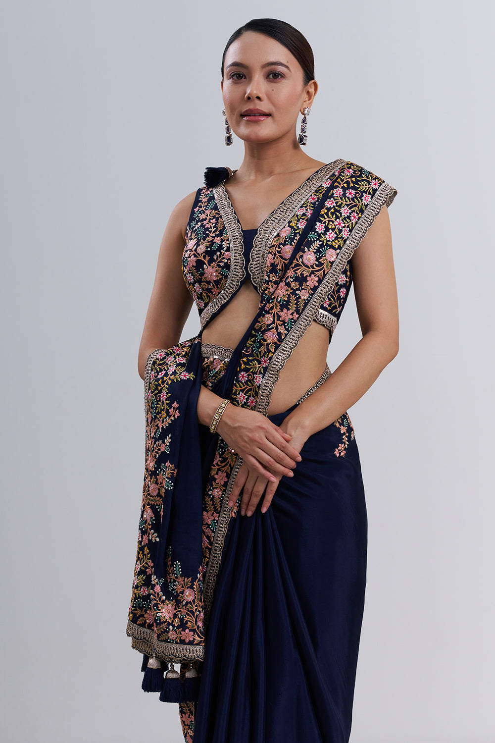 Navy Blue Crepe Saree with Thread Embroidery And Stitched Blouse