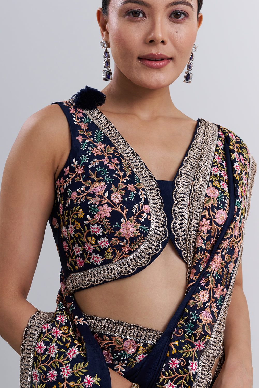 Navy Blue Crepe Saree with Thread Embroidery And Stitched Blouse