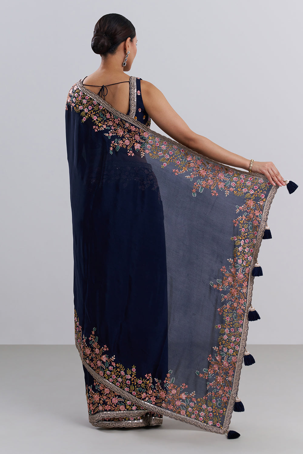 Navy Blue Crepe Saree with Thread Embroidery And Stitched Blouse