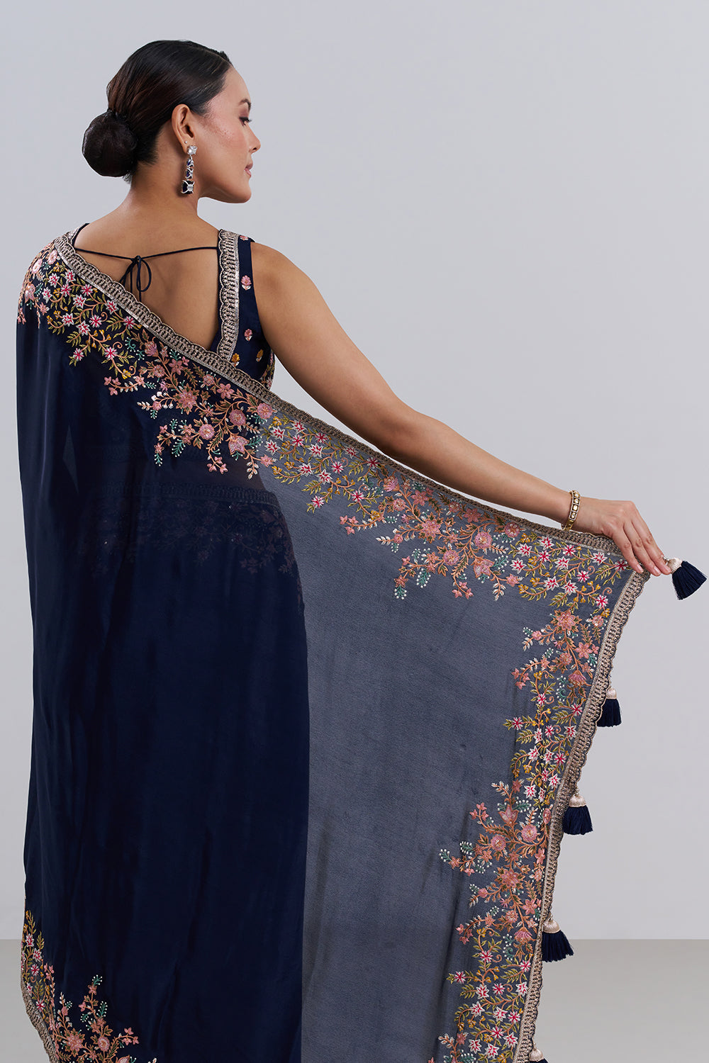 Navy Blue Crepe Saree with Thread Embroidery And Stitched Blouse