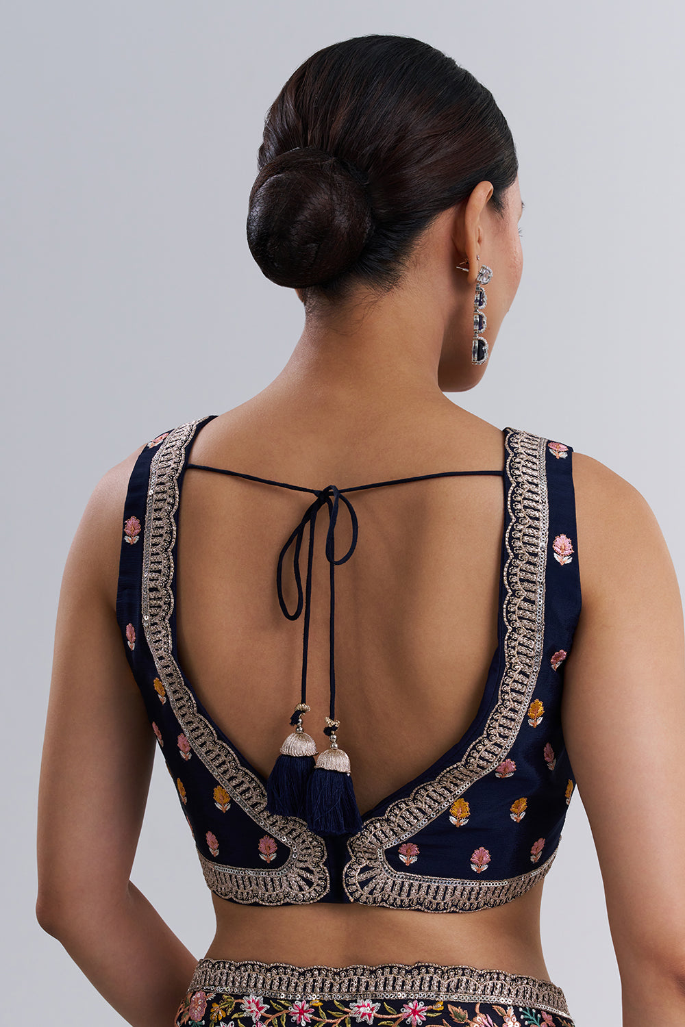 Navy Blue Crepe Saree with Thread Embroidery And Stitched Blouse