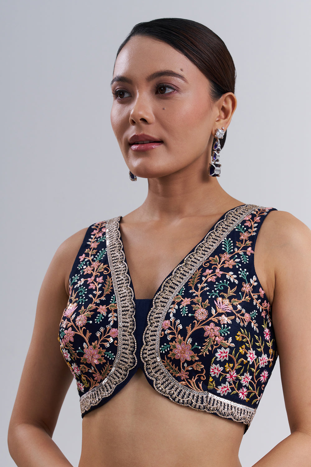Navy Blue Crepe Saree with Thread Embroidery And Stitched Blouse