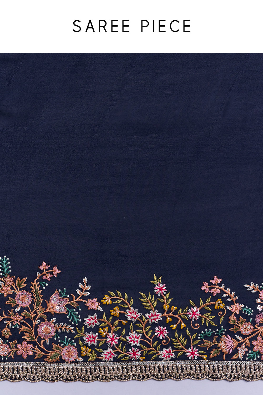Navy Blue Crepe Saree with Thread Embroidery And Stitched Blouse