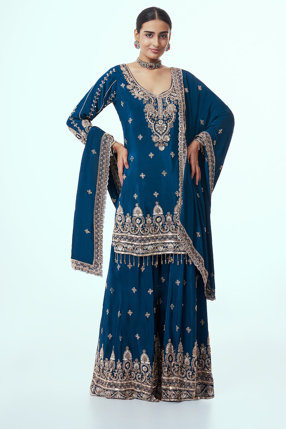 Navy Blue Crepe Silk Sharara Suit with Zari Work