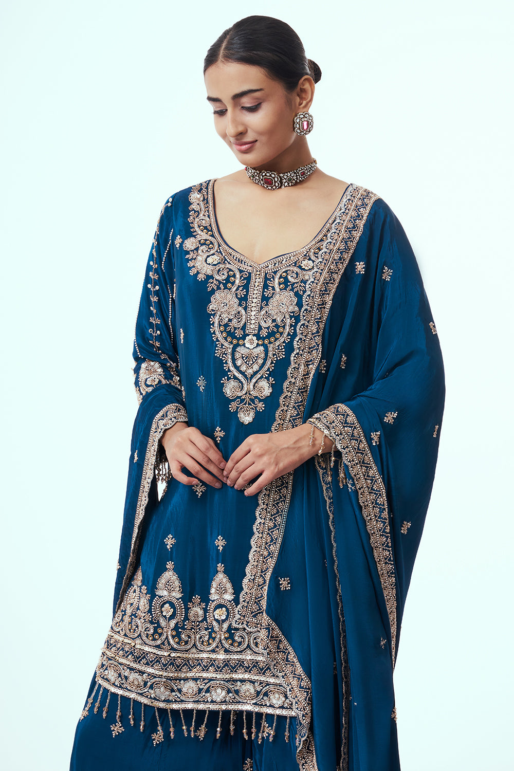 Navy Blue Crepe Silk Sharara Suit with Zari Work