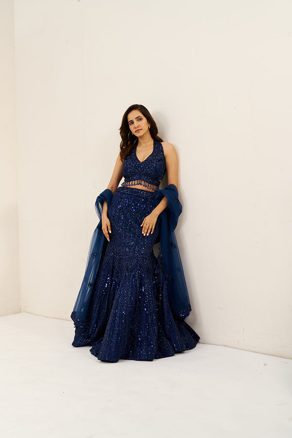 Navy Blue Embellished Net Festive Lehenga Set