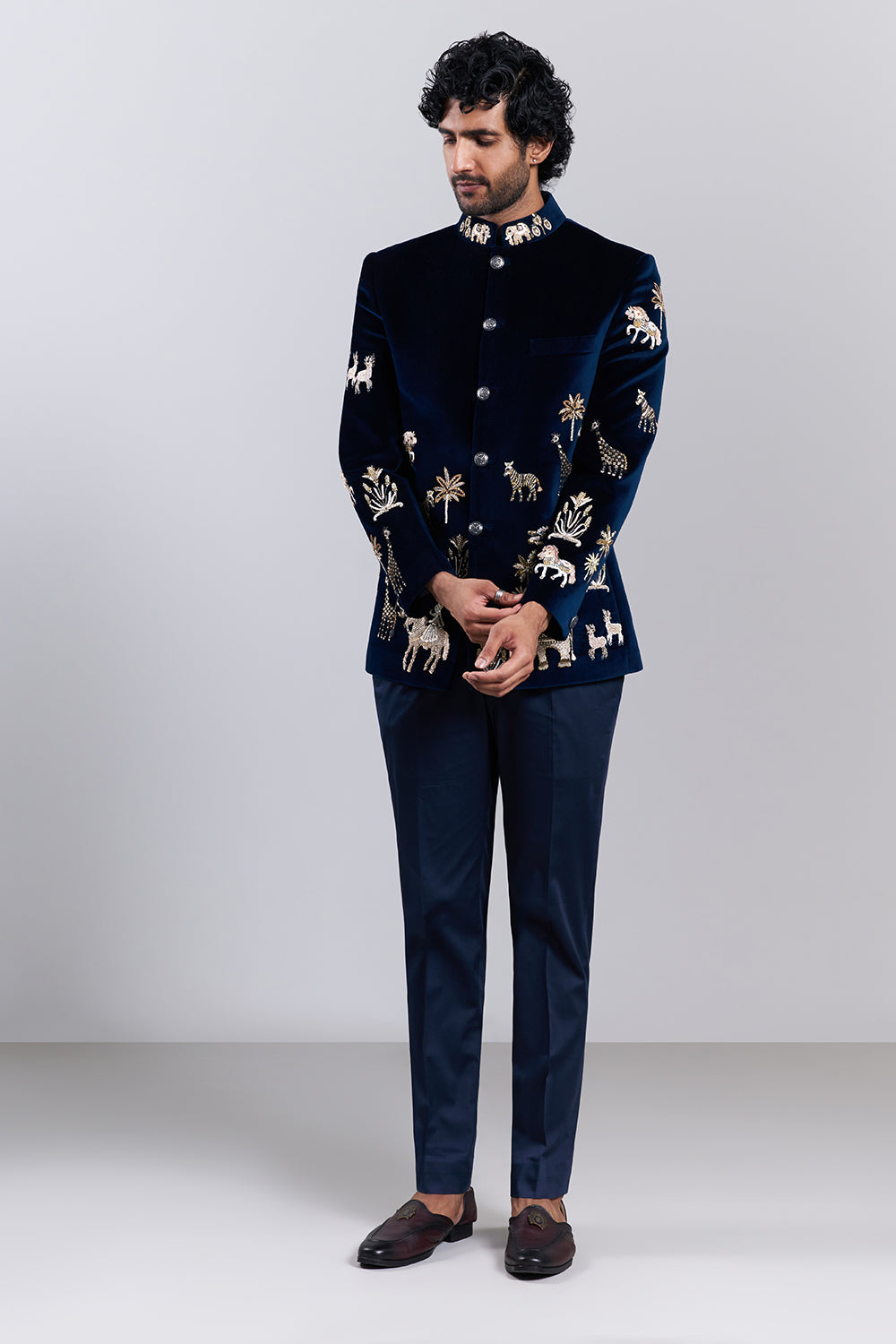 Navy Blue Embroidered Bandhgala Set