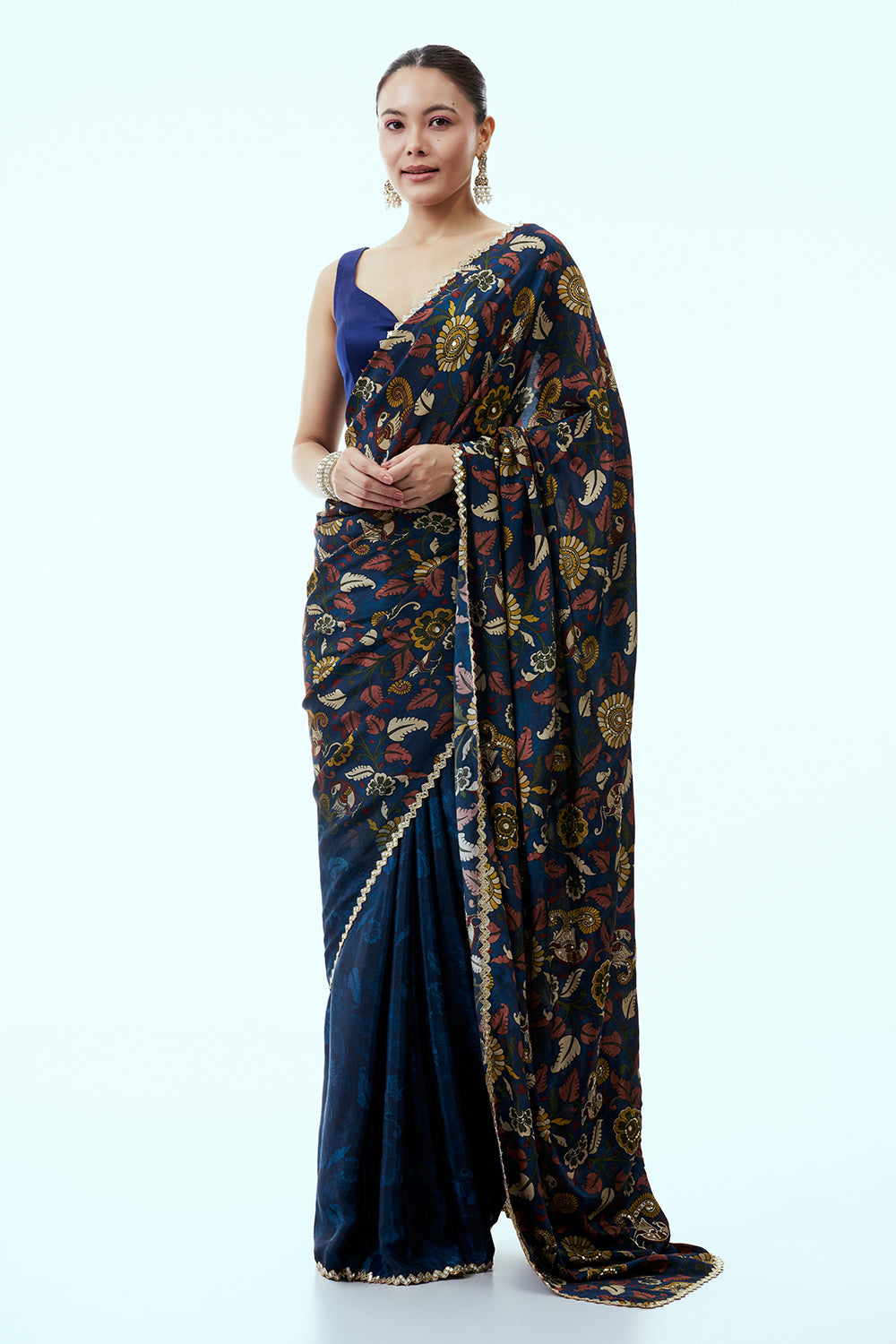 Navy Blue Floral Silk Print Saree with Unstitched Blouse