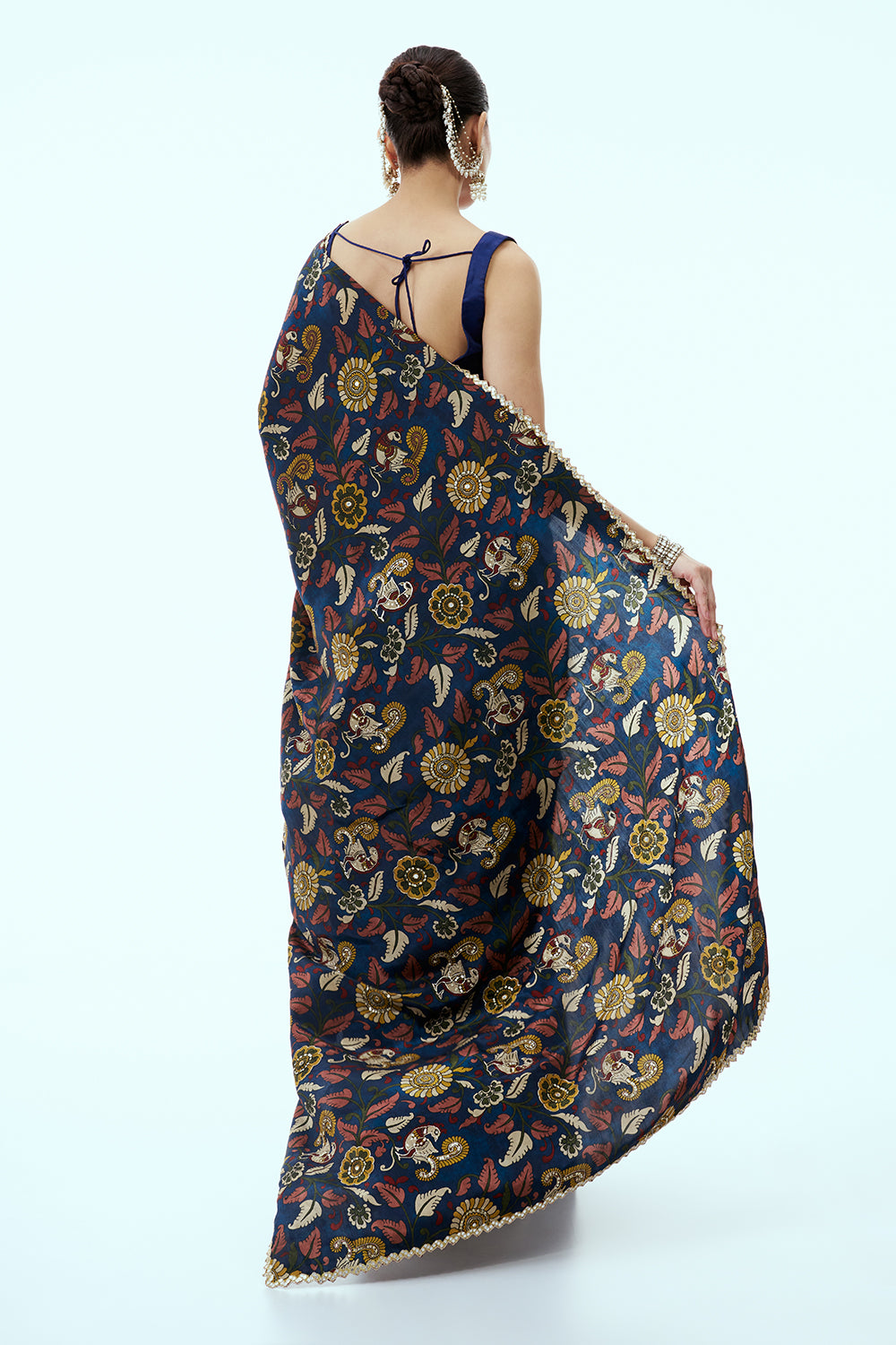 Navy Blue Floral Silk Print Saree with Unstitched Blouse
