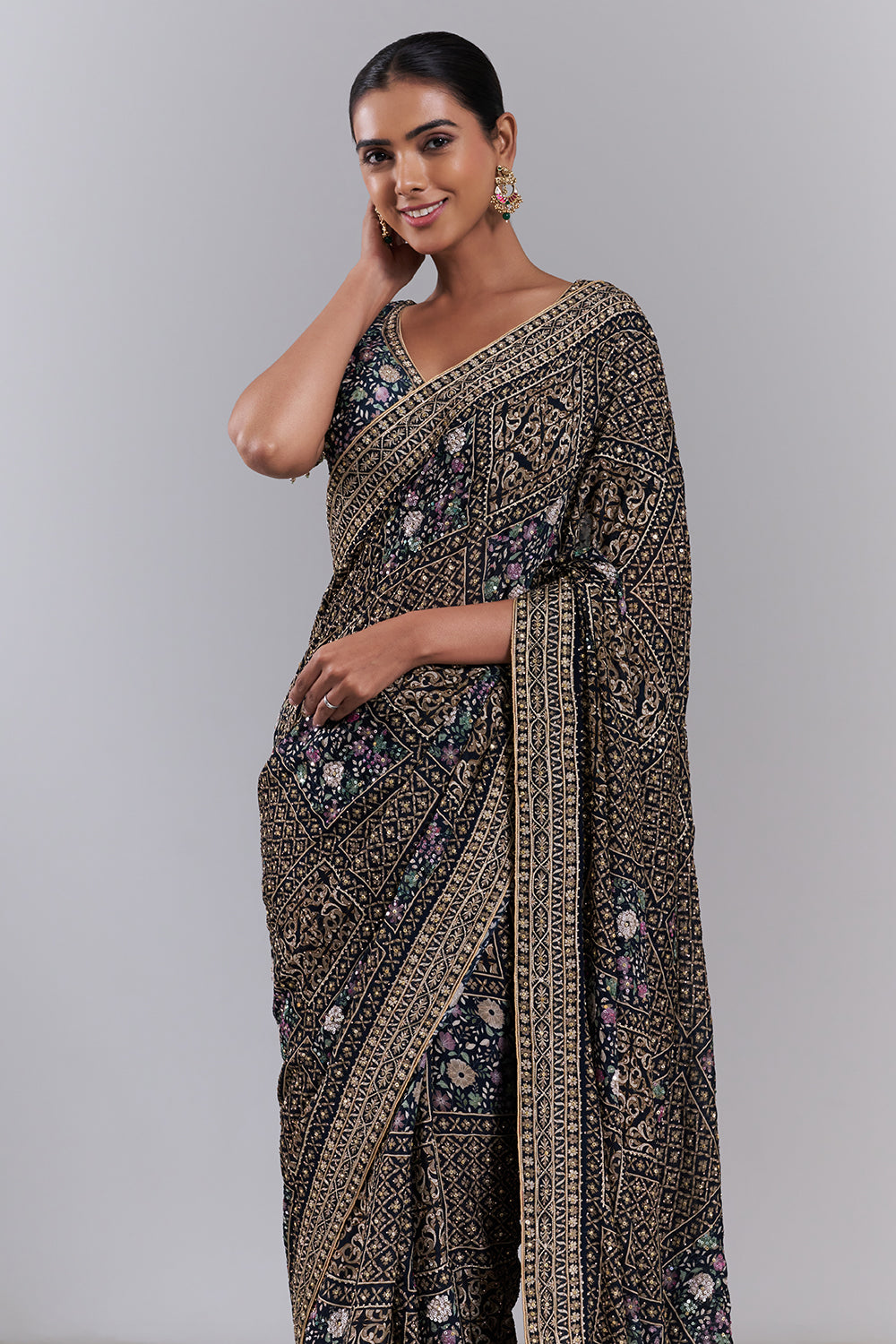 Navy Blue Georgette Embellished Saree And Stitched Blouse