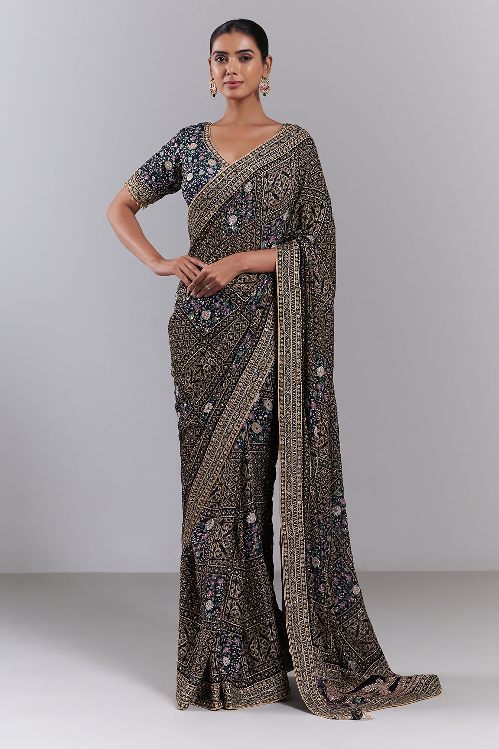 Navy Blue Georgette Embellished Saree And Stitched Blouse