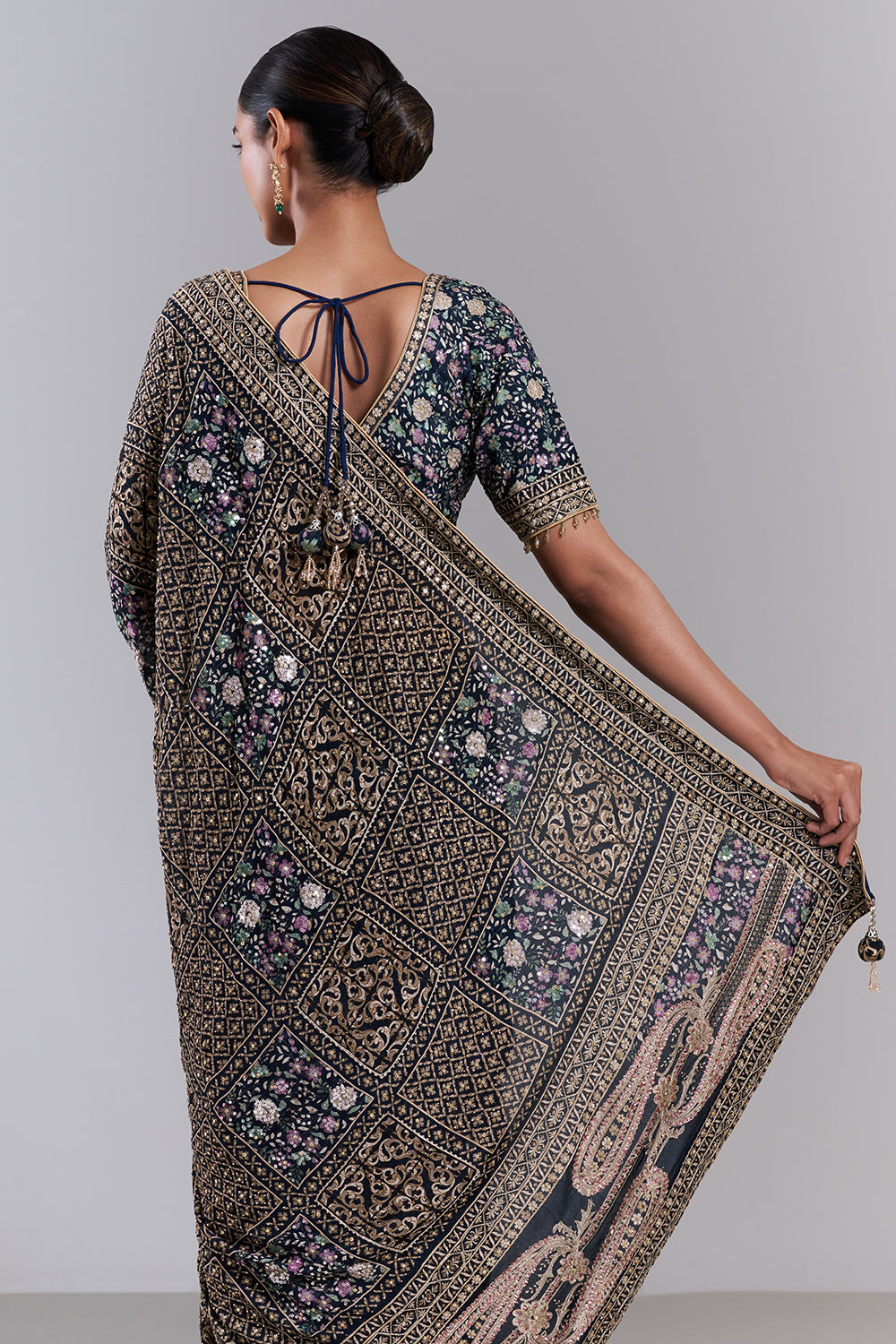 Navy Blue Georgette Embellished Saree And Stitched Blouse