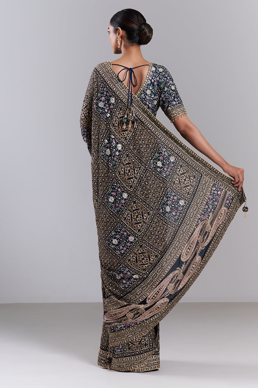 Navy Blue Georgette Embellished Saree And Stitched Blouse