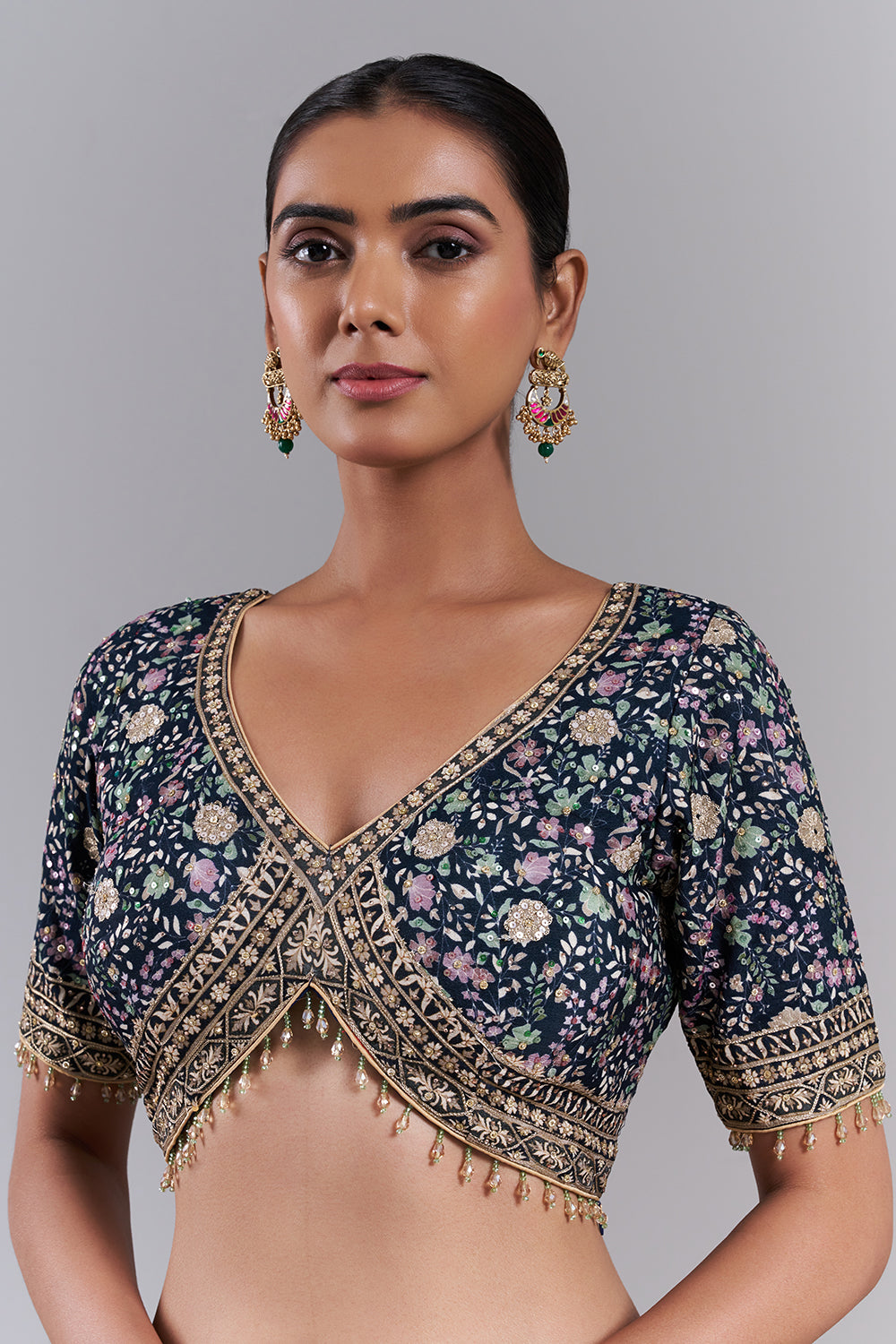 Navy Blue Georgette Embellished Saree And Stitched Blouse