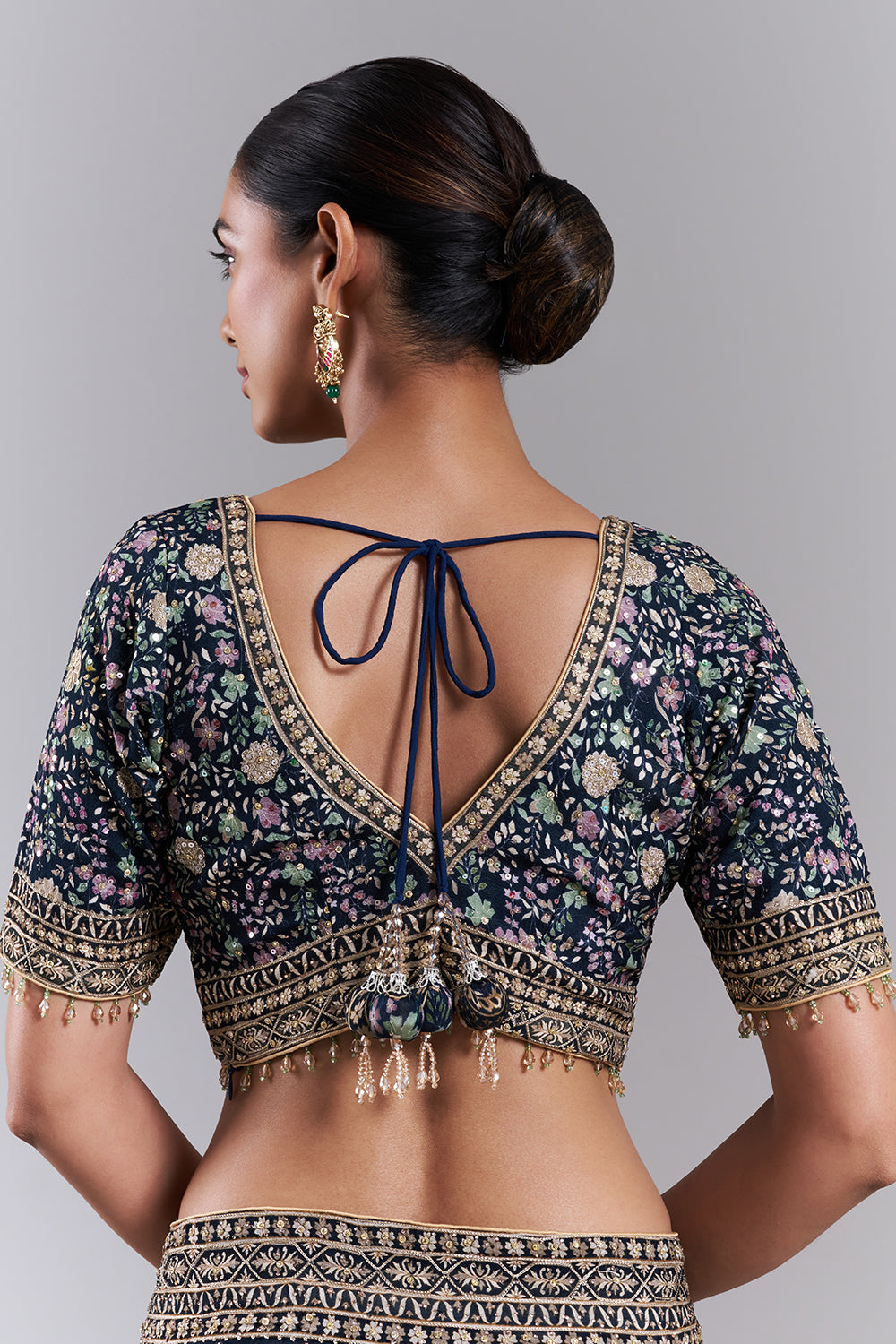 Navy Blue Georgette Embellished Saree And Stitched Blouse