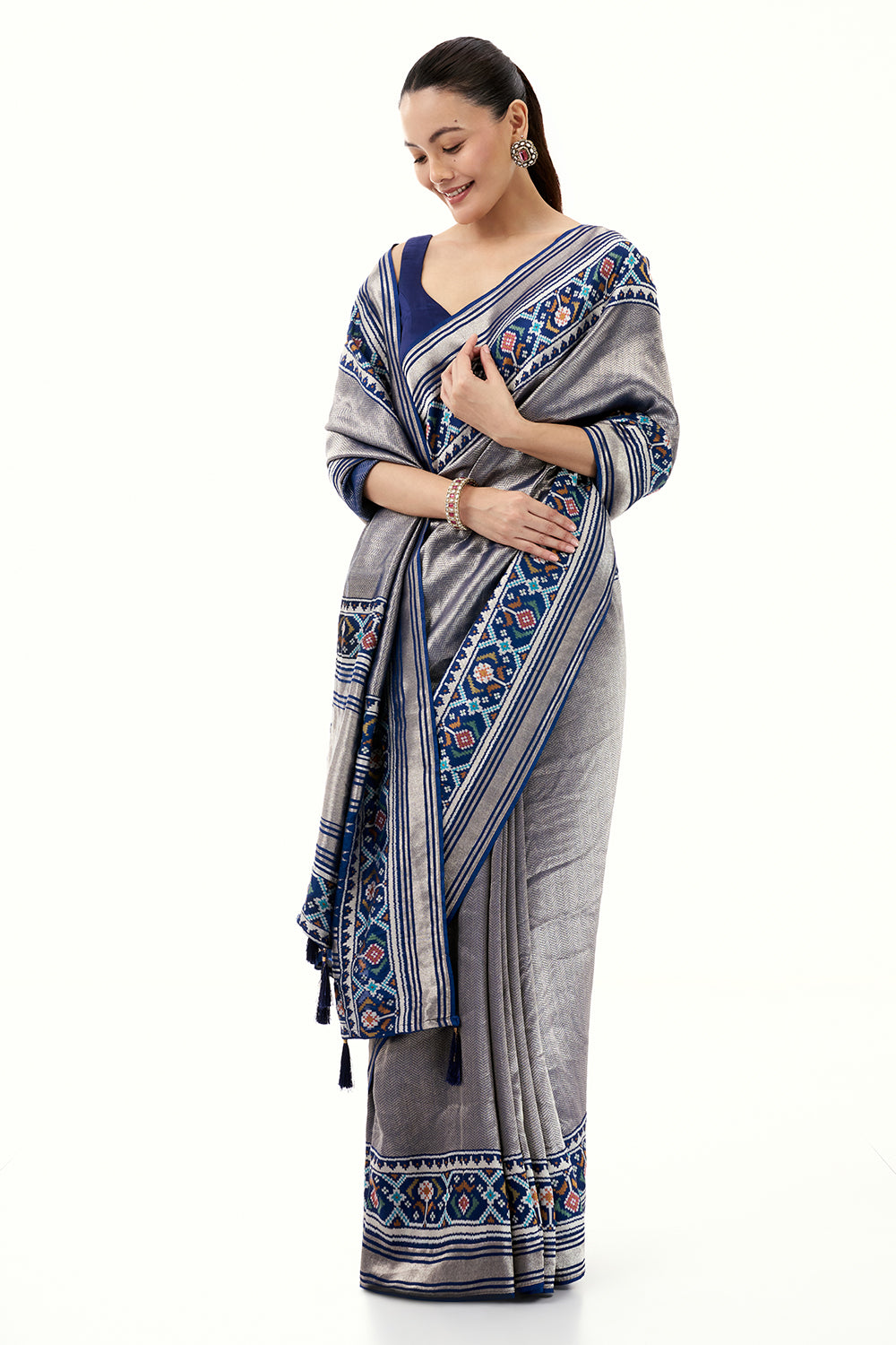 Navy Blue Jacquard Silk Woven Saree with Patola Border