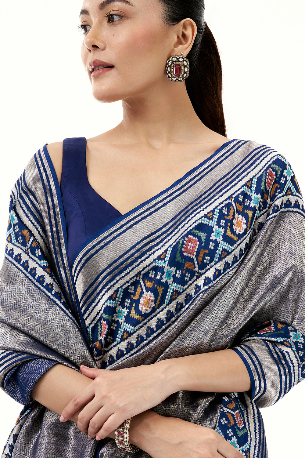 Navy Blue Jacquard Silk Woven Saree with Patola Border