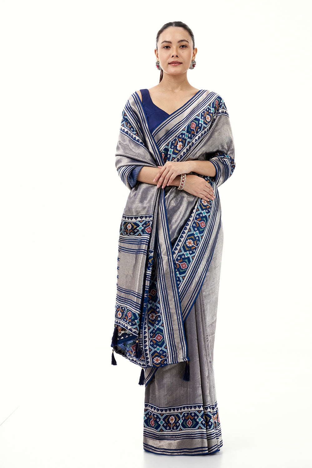 Navy Blue Jacquard Silk Woven Saree with Patola Border