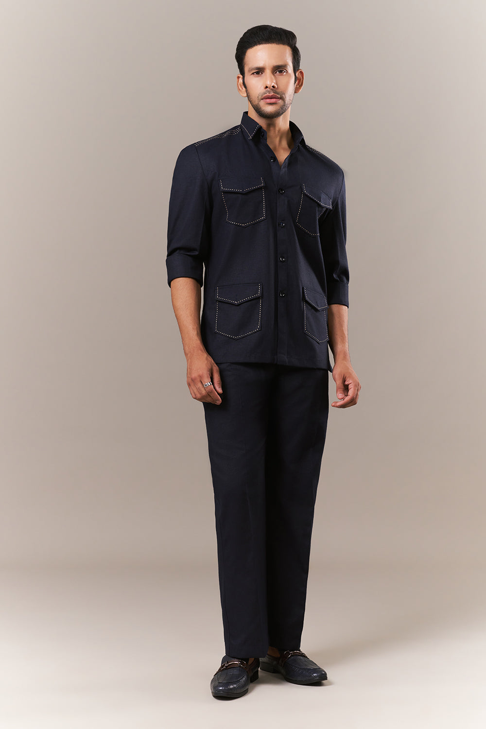 Navy Blue Linen Mens Suit with Thread Work