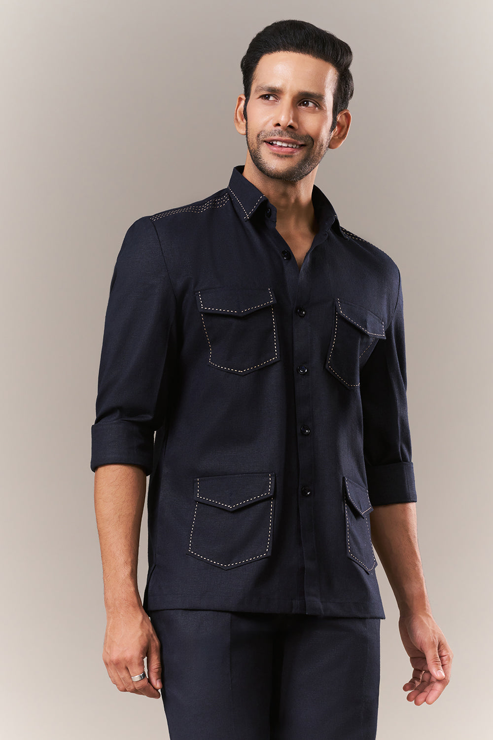 Navy Blue Linen Mens Suit with Thread Work