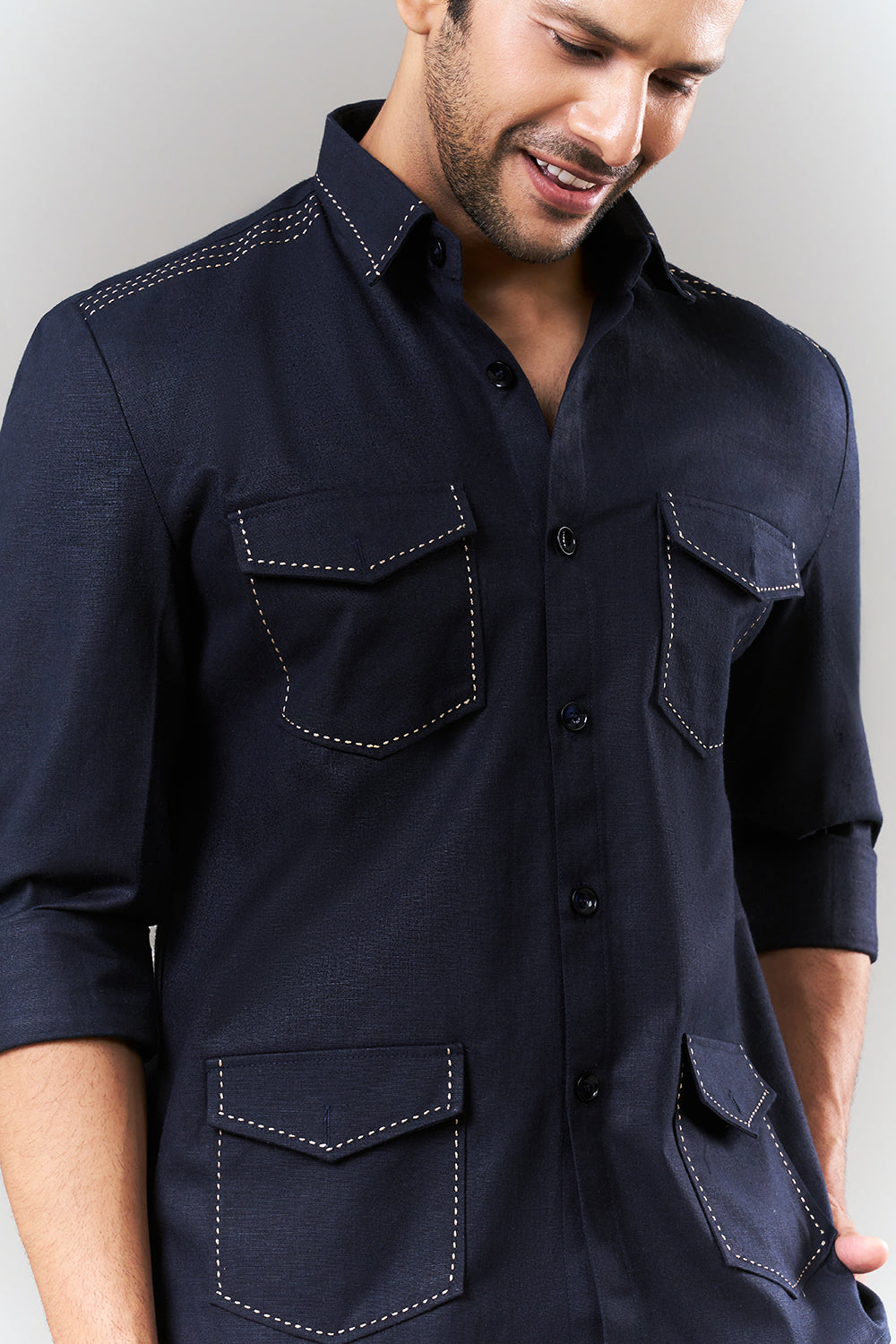 Navy Blue Linen Mens Suit with Thread Work