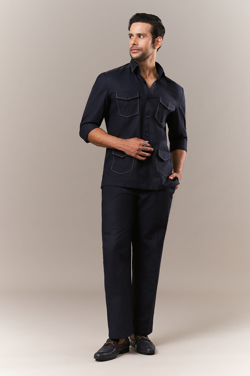 Navy Blue Linen Mens Suit with Thread Work