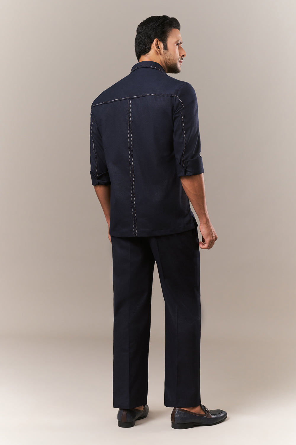 Navy Blue Linen Mens Suit with Thread Work