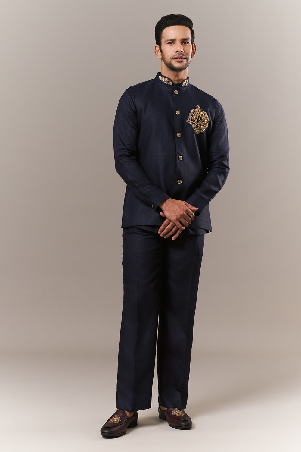 Navy Blue Linen Mens Jodhpuri Set with Zardosi Embroidery