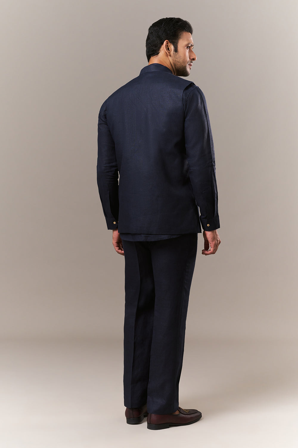 Navy Blue Linen Mens Jodhpuri Set with Zardosi Embroidery