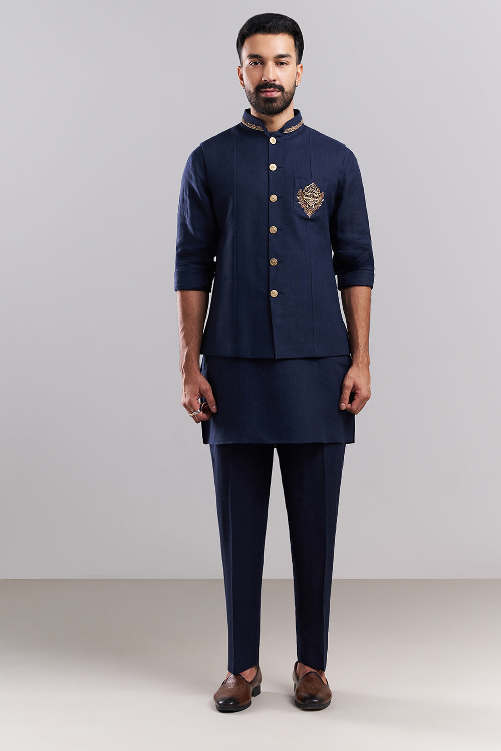 Navy Blue Linen Satin Men's Kurta Set with Ornate Jacket