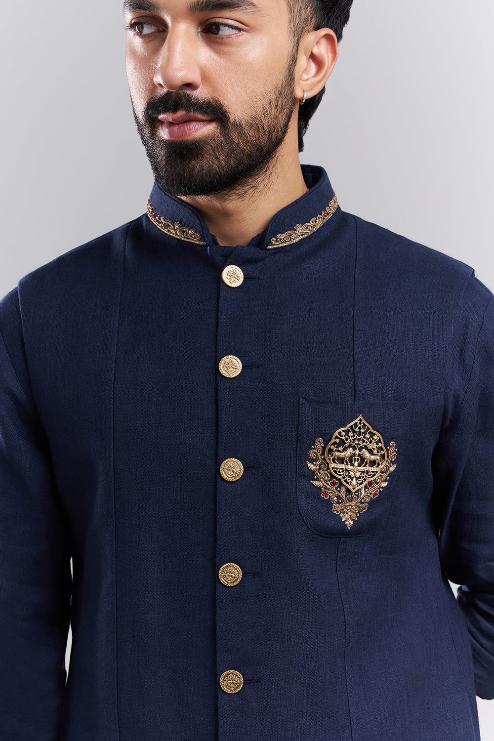 Navy Blue Linen Satin Men's Kurta Set with Ornate Jacket